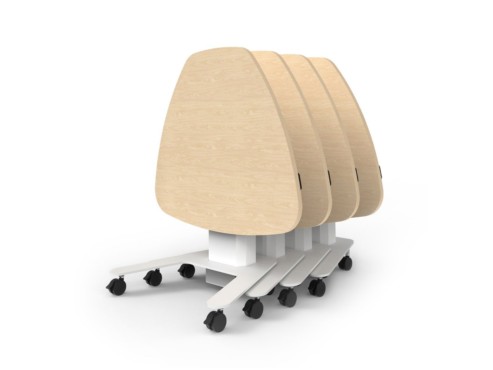 M Series Nesting Tables with maple tops and white bases, shown with tops folded down in a space-saving nested configuration.