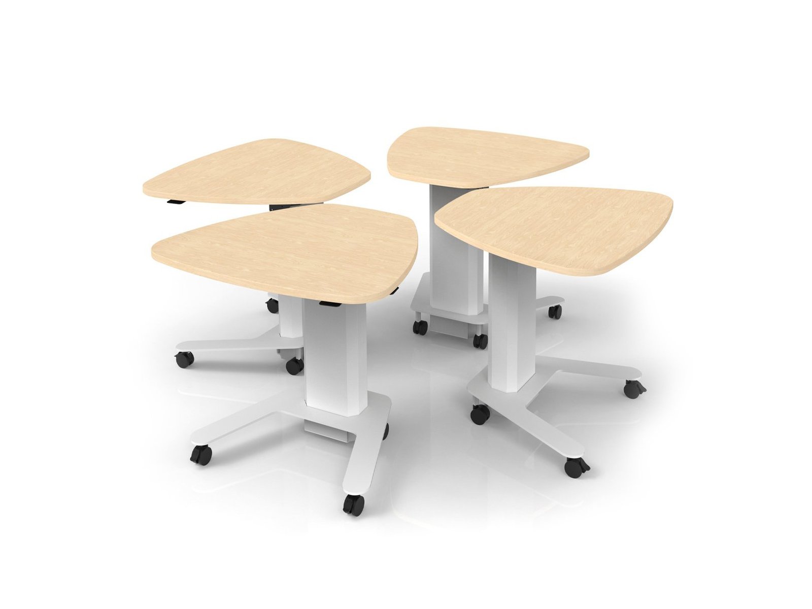 M Series Nesting Tables with maple tops and white bases, shown in a collaborative configuration.