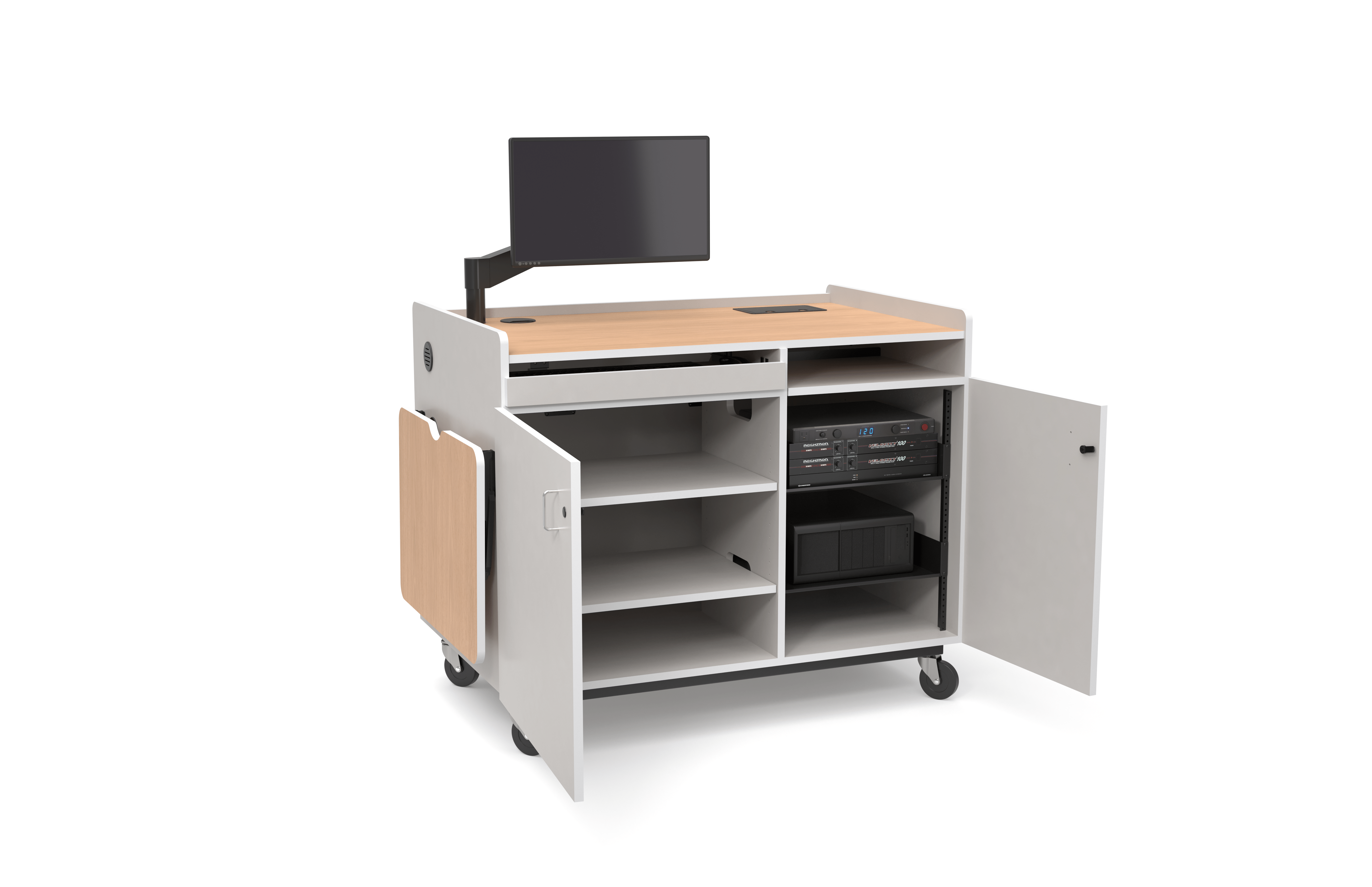 Computer Comforts Multimedia Lectern with 14U AV cabinet and storage cabinet