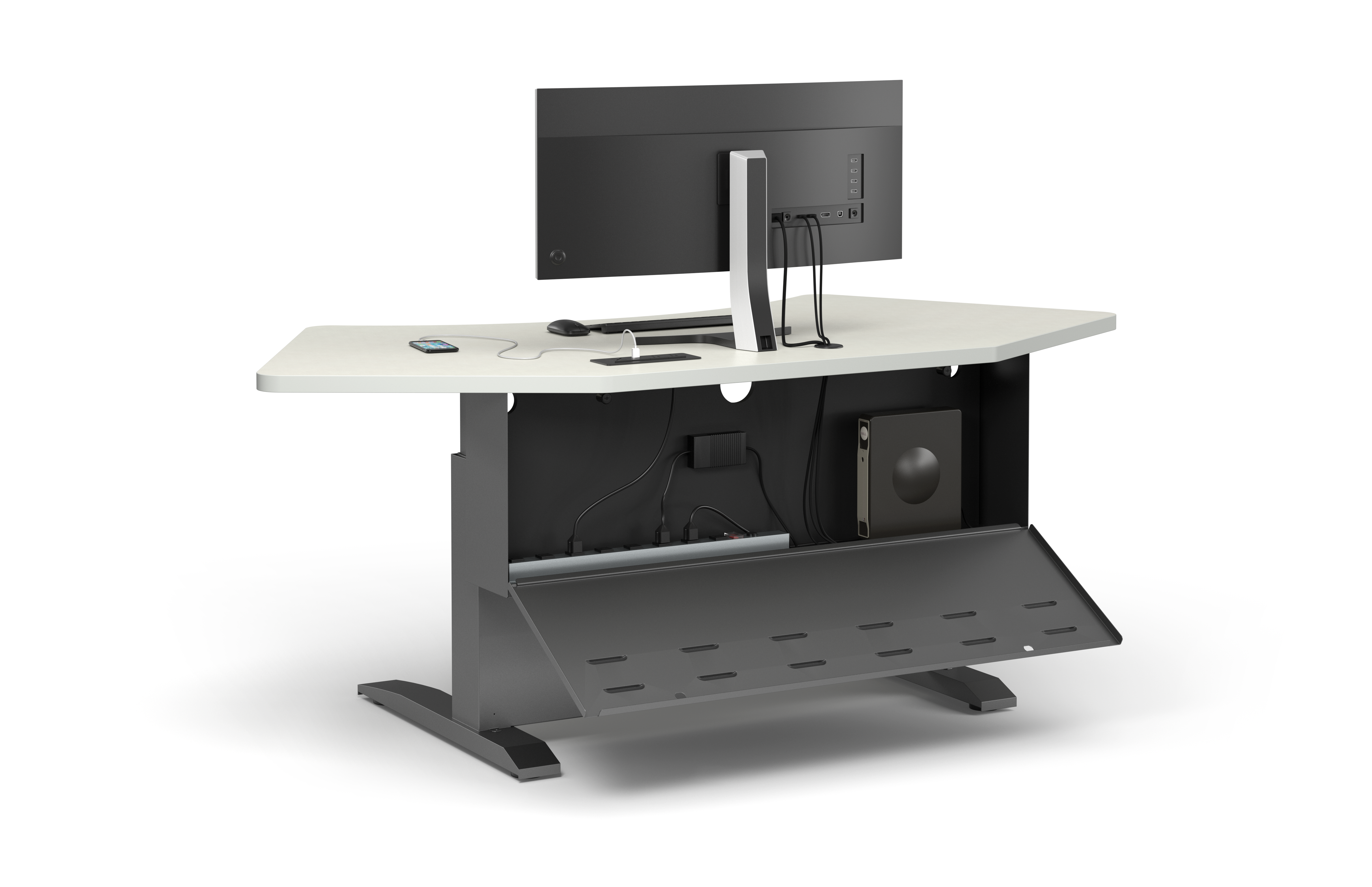 Computer Comforts Power Lift Command adjustable height table with electronics bay