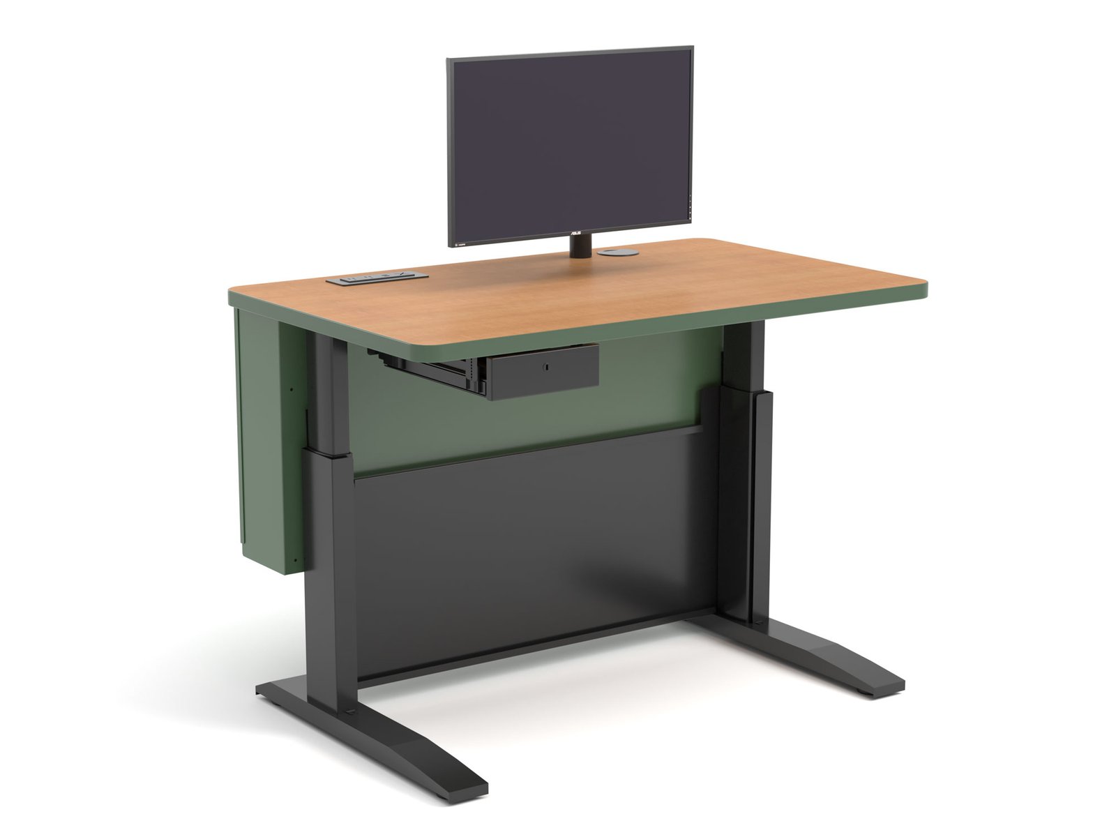 Adjustable instructor lectern, 48-inch wide Power Lift EB model with extended electronics bay, tool drawer, monitor arm, and power interface.