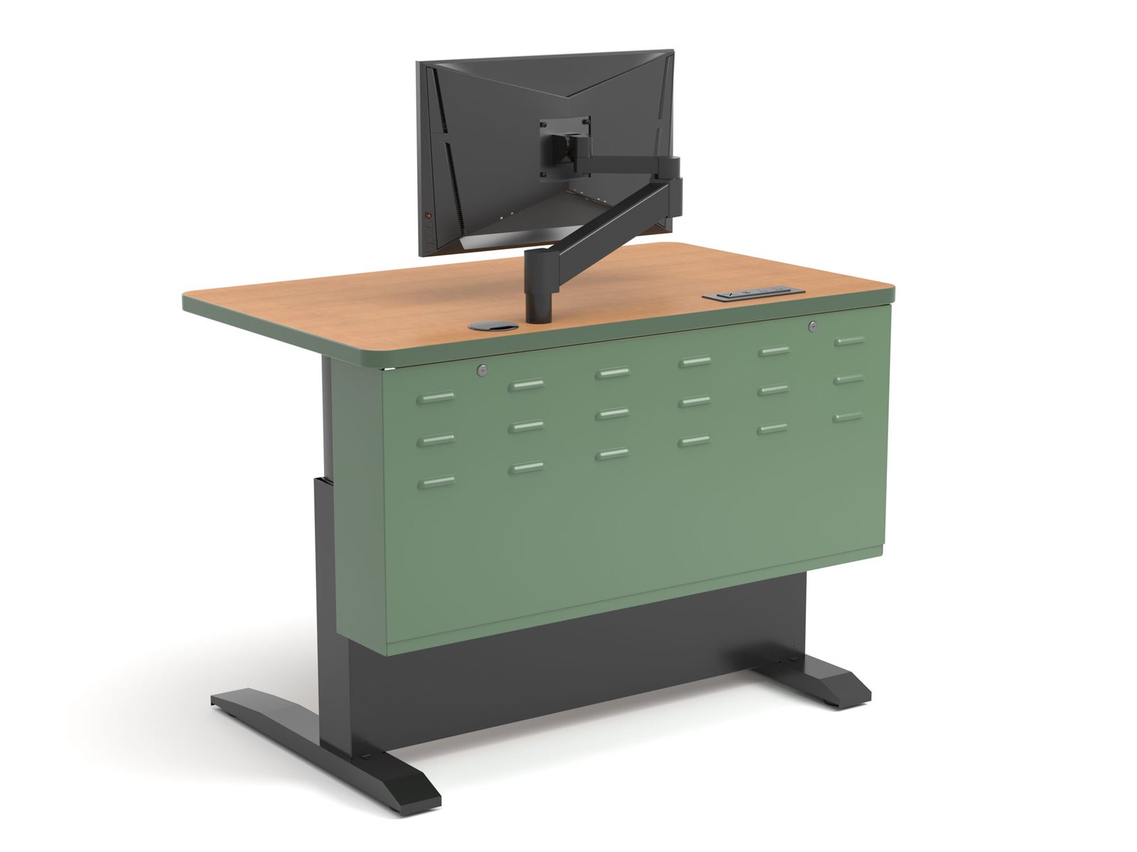 Durable teaching podium, 48-inch wide Power Lift EB lectern rear view with extended 20.5-inch electronics bay closed and lockable for AV storage.