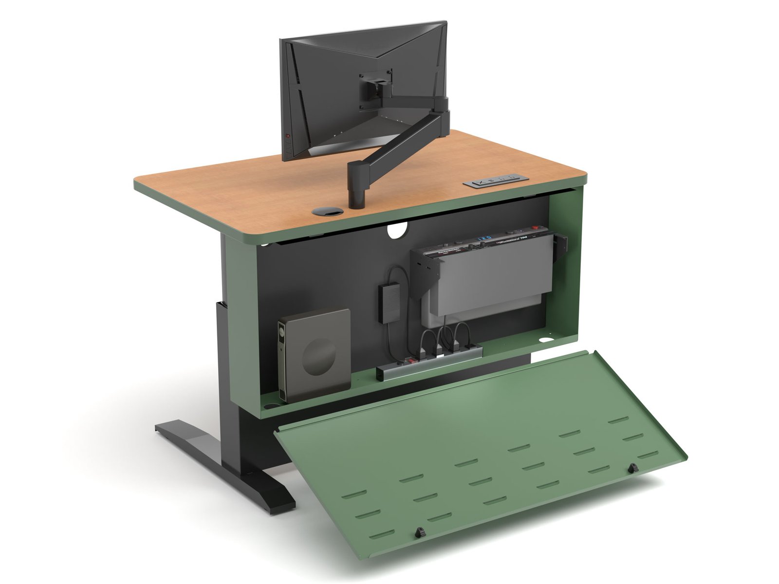 Made in USA lectern, 48-inch wide Power Lift EB with extended electronics bay open, showing AV equipment, wire management, and integrated wood mounting panel.
