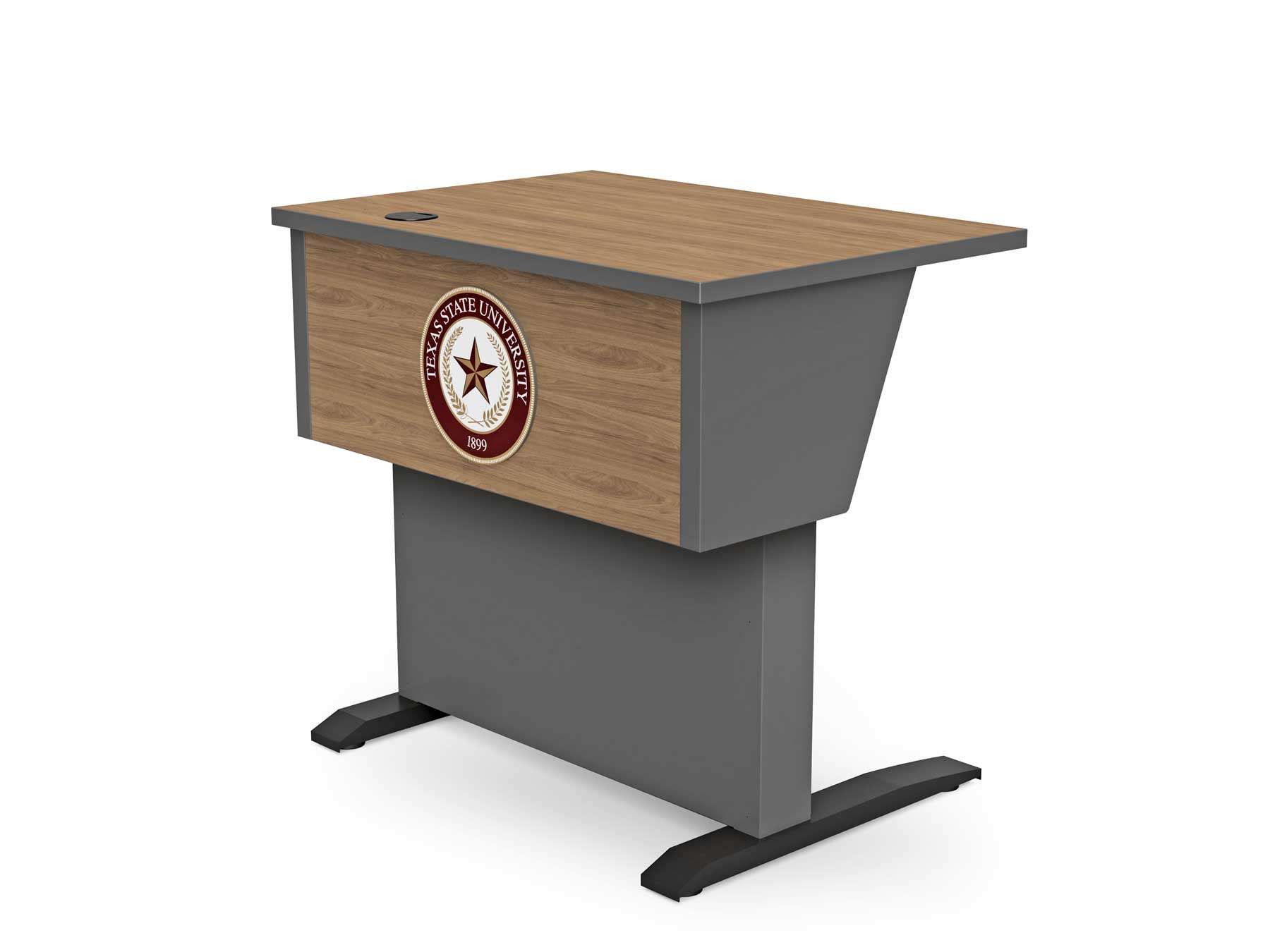 Computer Comforts Power Lift PRO adjustable height lectern with custom logo