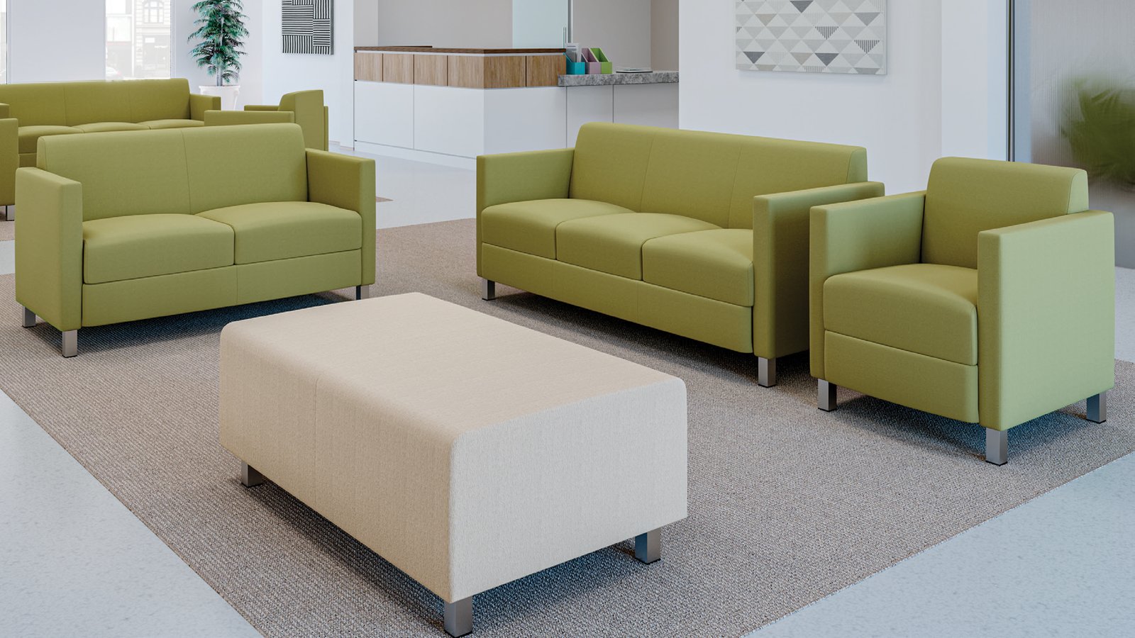 Tux Lite 710 Lounge, 712 Love Seat and 713 Sofa with Silver Legs shown in Mayer Score Basil. Bench shown is the Unite 1009 with Silver Legs in Mayer Score Frost.