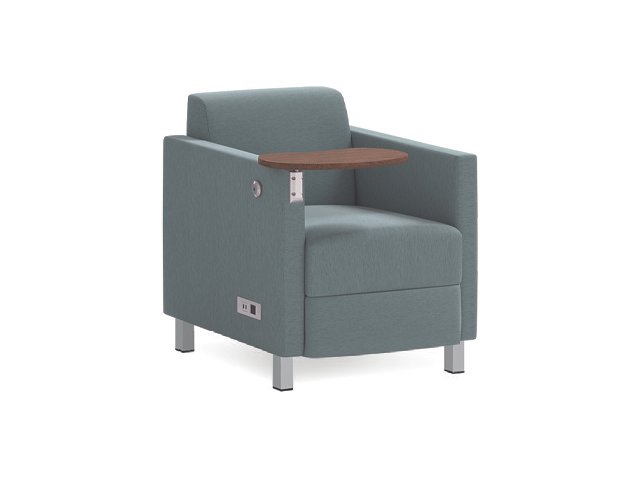 Tux Lite 710 Lounge with Silver Legs, rotating Tablet and Power Unit shown in Mayer Score Aquamarine.