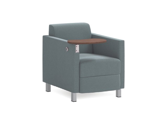 Tux Lite 710 Lounge with Silver Legs and rotating Tablet shown in Mayer Score Aquamarine.