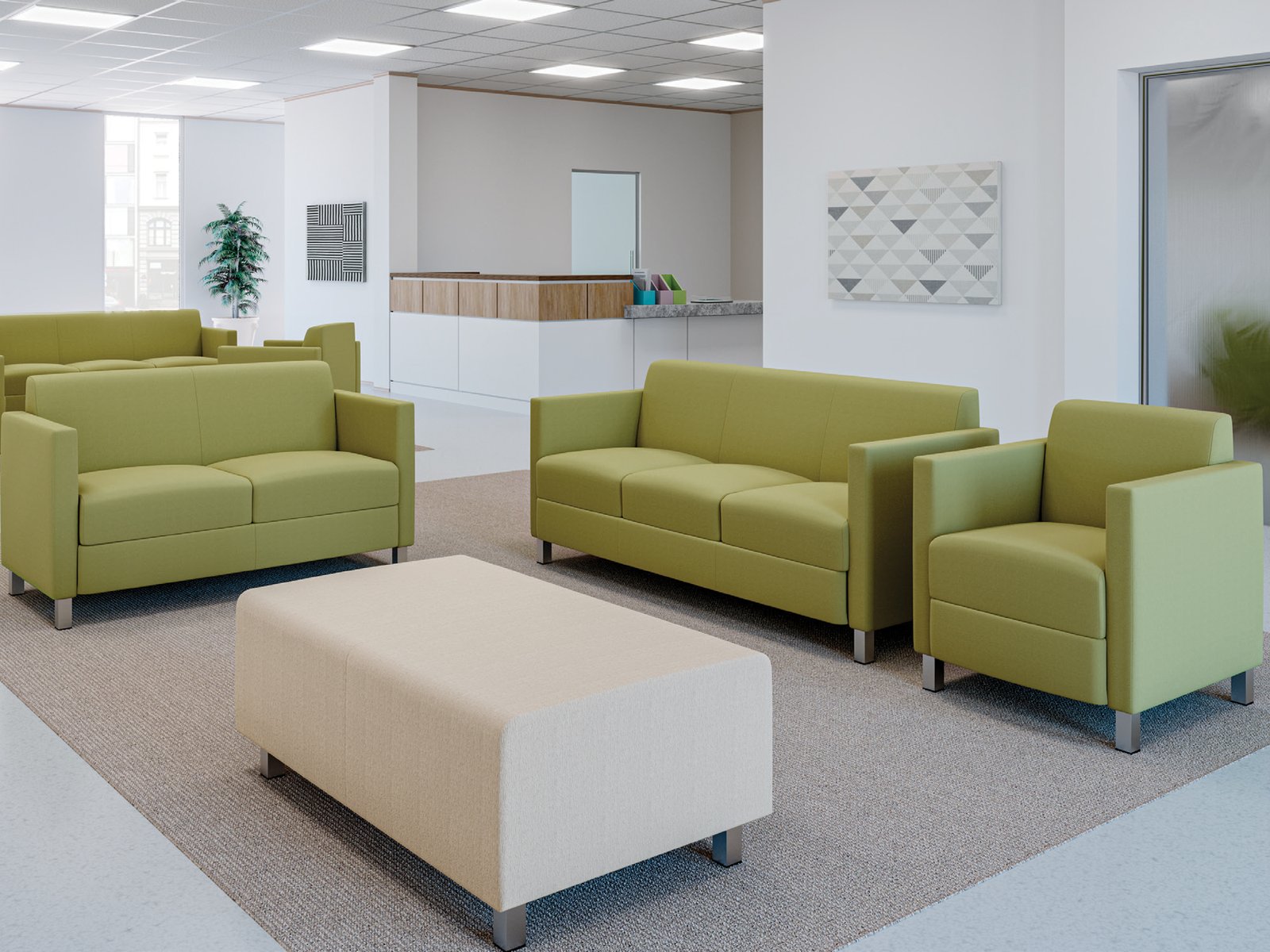 Tux Lite 710 Lounge, 712 Love Seat and 713 Sofa with Silver Legs shown in Mayer Score Basil. Bench shown is the Unite 1009 with Silver Legs in Mayer Score Frost.